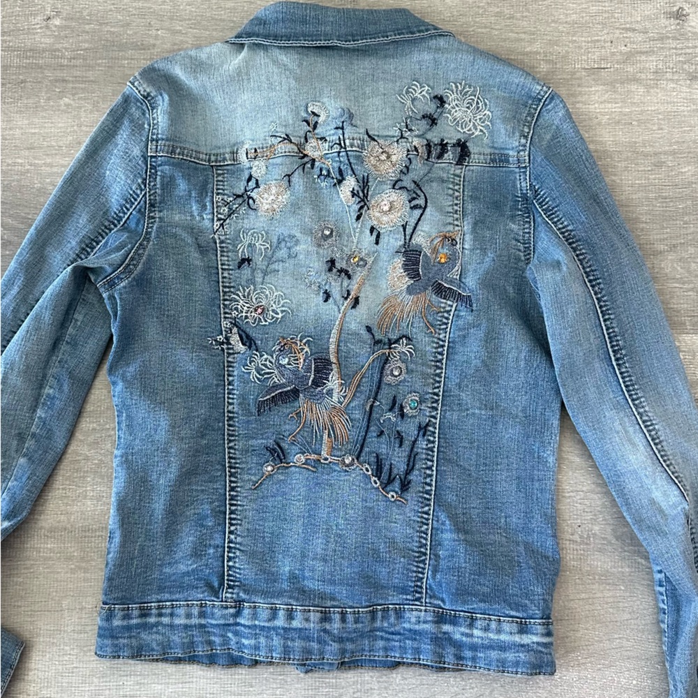 Embroidered denim jacket with floral and bird details and gems by Onado - Picture 5 of 9